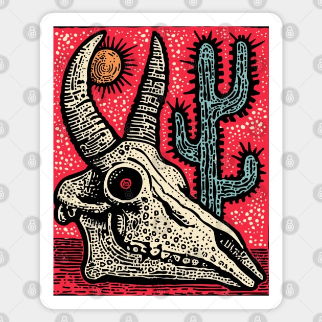 Desert Ghost - Southwestern Skull Linocut Sticker by TuncGK